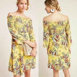 Farm Rio Dress Bria Smocked Mini Floral Off-Shoulder Yellow Multi XS EUC